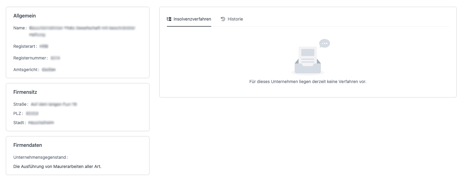 Screenshot der umfangreichen Suchfunktion für Unternehmen und Insolvenzverfahren