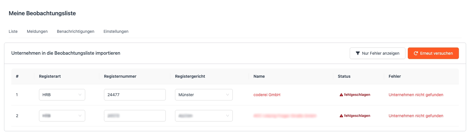 Screenshot der umfangreichen Suchfunktion für Unternehmen und Insolvenzverfahren